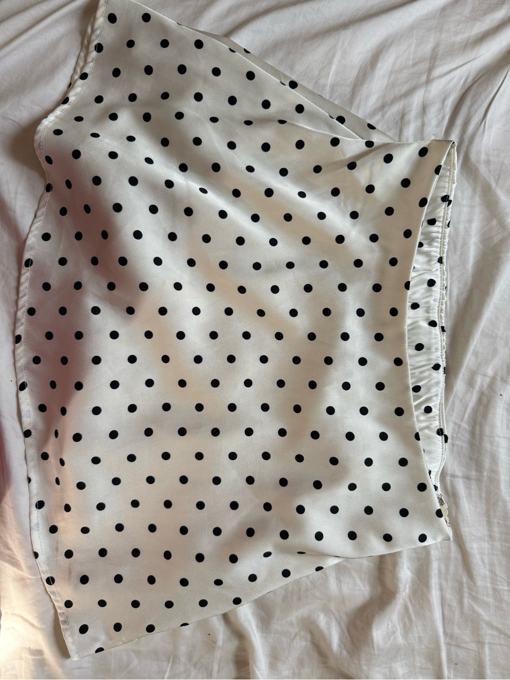 Fashion Nova White Satin Mini Skirt with Black Polka Dots